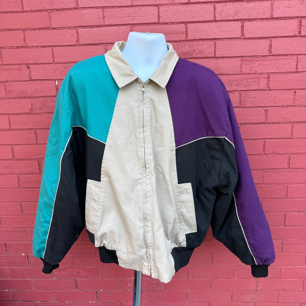 Vtg Western Frontier Color Block Bomber‎ Jacket Mens 2X Beige Teal Purple Black